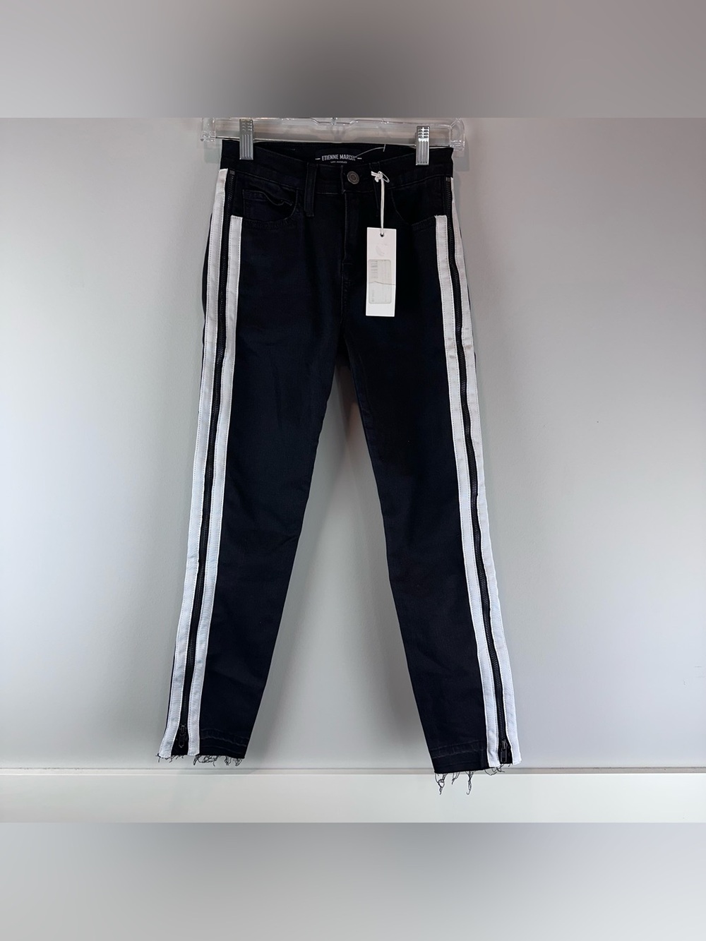 NEW Etienne Marcel Black White Full Side Zip Tuxedo Stripe Goth Raw Hem Jeans 26